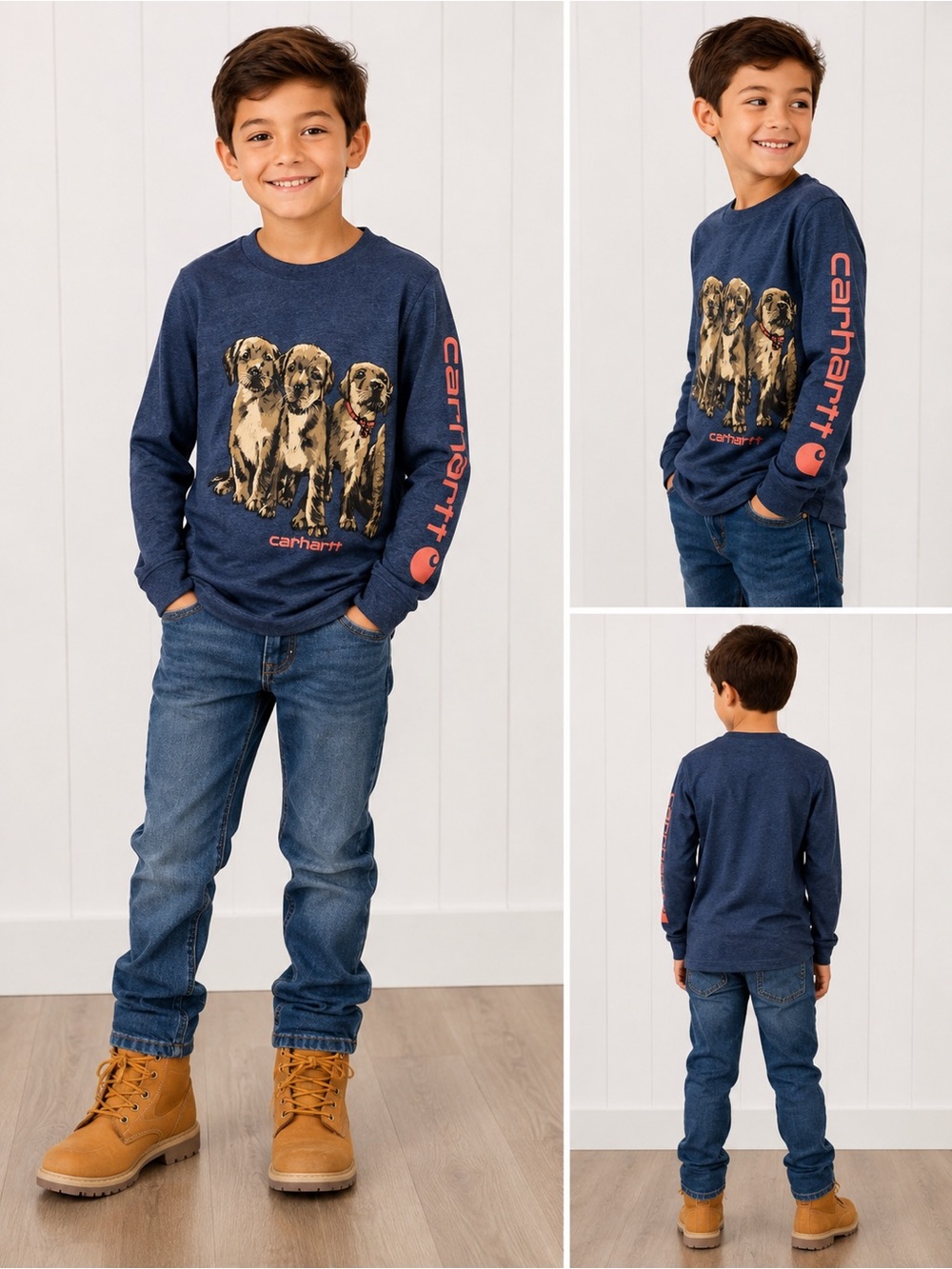 Carhartt Navy Long Sleeve Tee with Puppy Graphic and Coral Logo